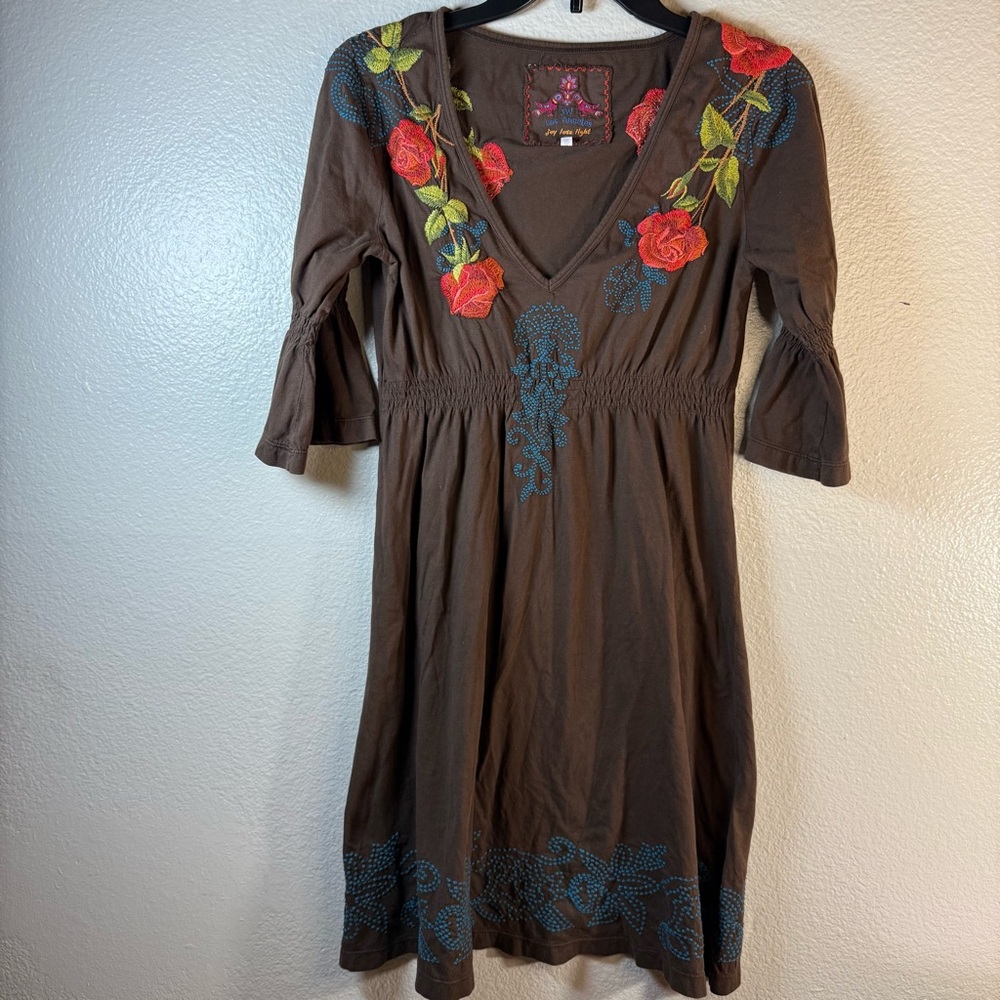 JW Los Angeles Embroidered Brown Dress with Floral Accents SZ:M